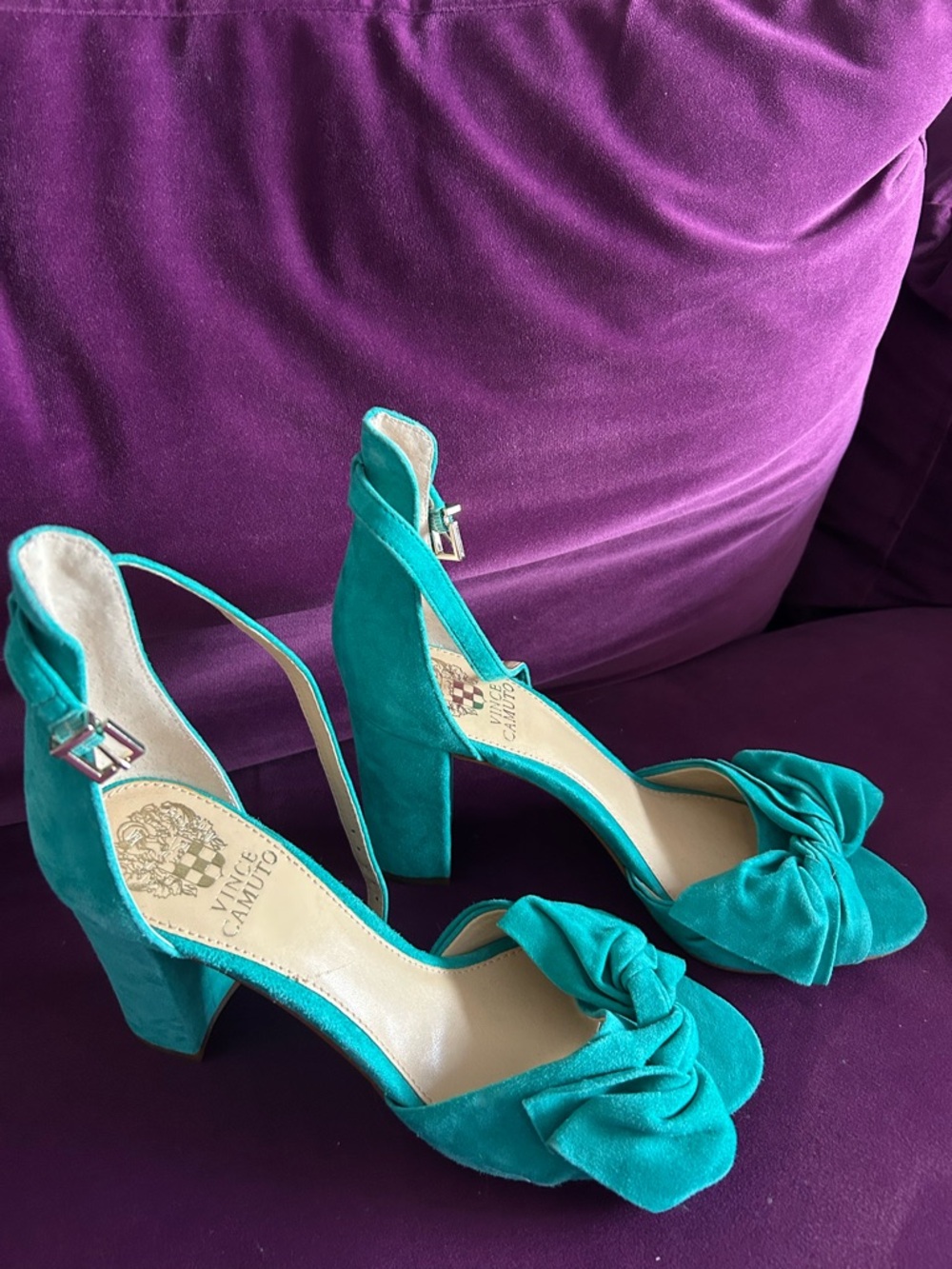 Vince Camuto Teal Bow Ankle-Strap Block Heel Sandal - Picture 2 of 4